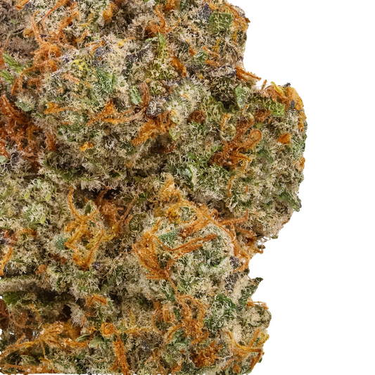 Dulce Fresca cannabis flower macro shot with vivid green, orange hairs, and trichomes