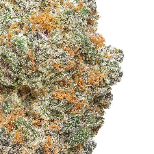 Super Boof cannabis flower close-up with orange hairs and frosty trichomes