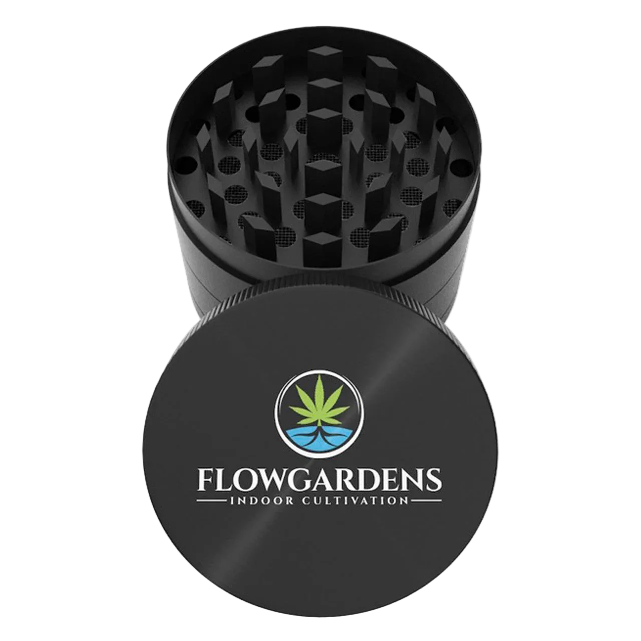 Black herb grinder with Flowgardens Indoor Cultivation logo and cannabis leaf design