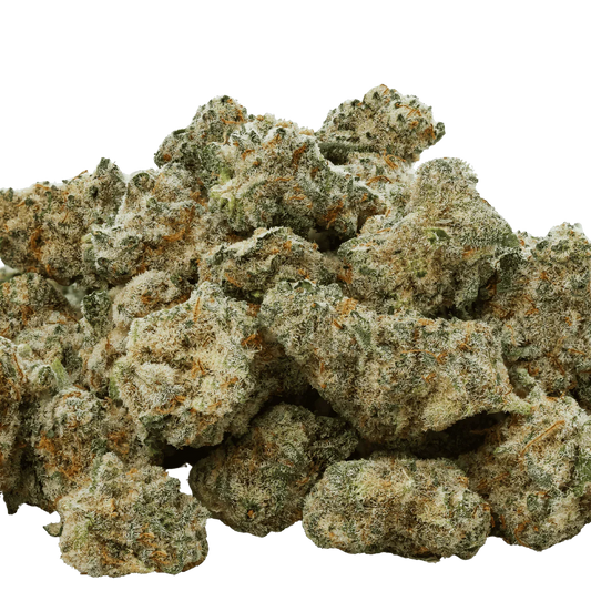 Close-up of frosty cannabis nugs with orange hairs on a black background