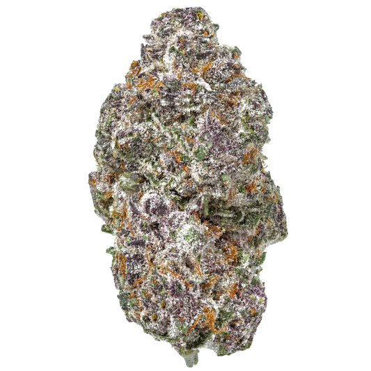 Alien Grape Vine cannabis bud close-up with purple, green, and orange hues