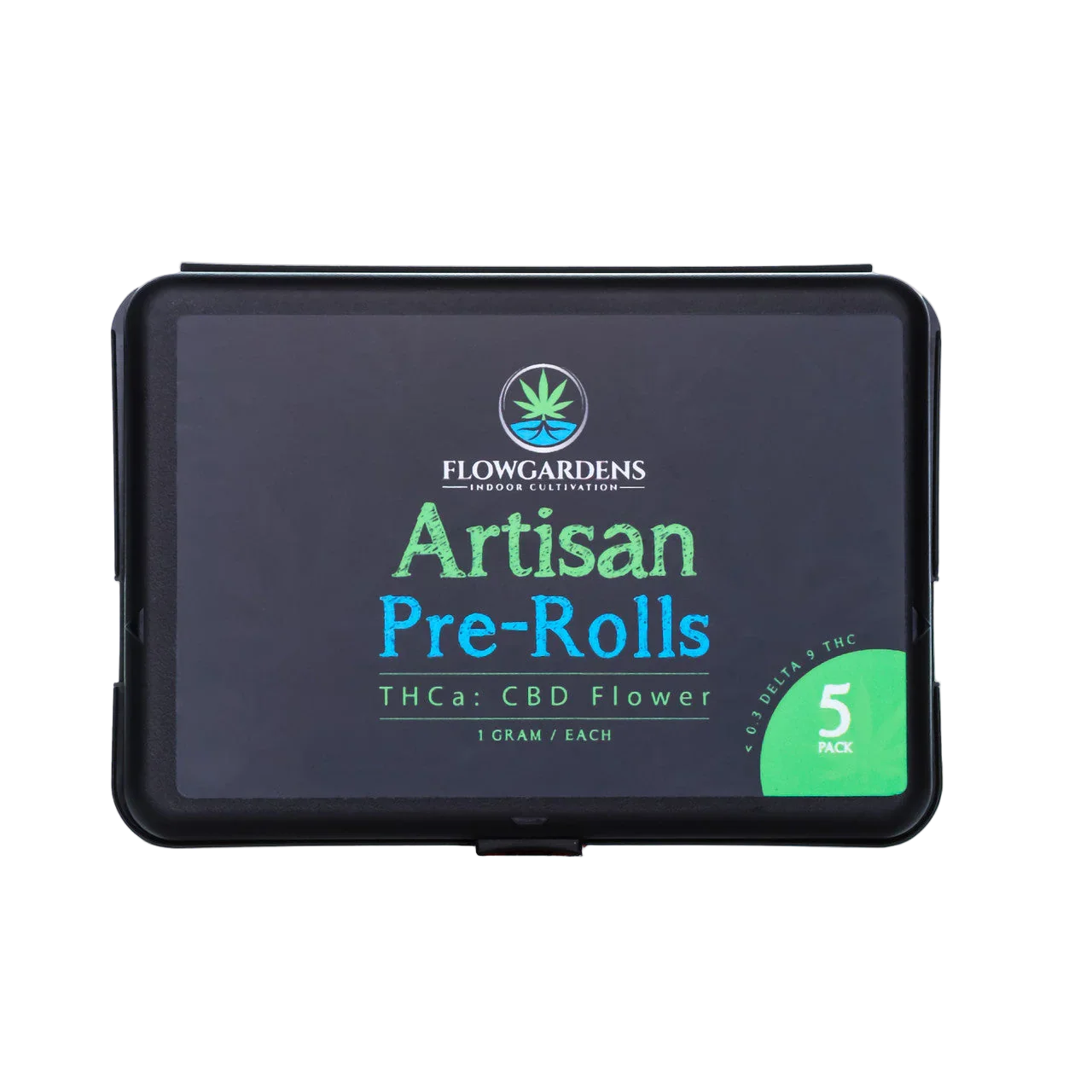 Flow Gardens Artisan Pre-Rolls 5 pack, THCa CBD flower black box packaging