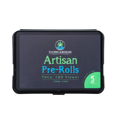 Flow Gardens Artisan Pre-Rolls 5 pack, THCa CBD flower black box packaging
