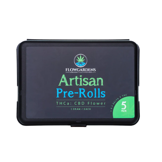 Flow Gardens Artisan Pre-Rolls 5 pack, THCa CBD flower black box packaging