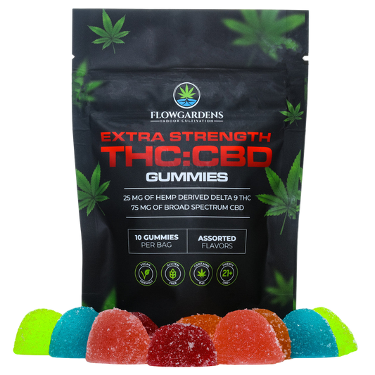 Flowgardens Extra Strength THC:CBG Gummies packaging with gummies in front