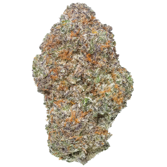 Close-up of frosty cannabis bud with purple, green, and orange hairs on a white background